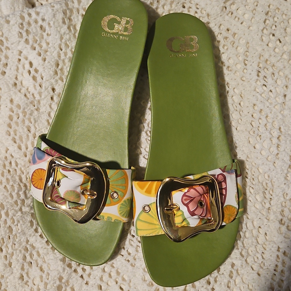 Gianni Bini Olive Slide Sandals with Gold GB Logo - Picture 2 of 5